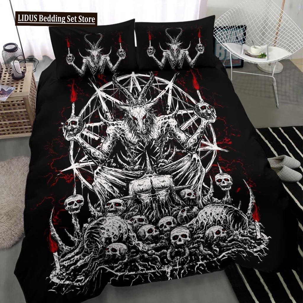Skull Skeleton Satanic Goat Skull Duvet Cover Set Trophy Demon Breed Bedding Sets Night Blue Pink Satanic Baphomet Quilt Cover