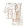 Crew neck pajamas cotton double-layer crepe five-quarter sleeves women's summer and autumn thin trousers cartoon pajamas loose and