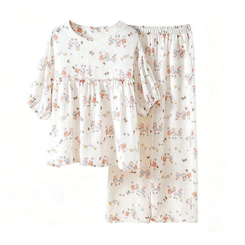 Crew neck pajamas cotton double-layer crepe five-quarter sleeves women's summer and autumn thin trousers cartoon pajamas loose and