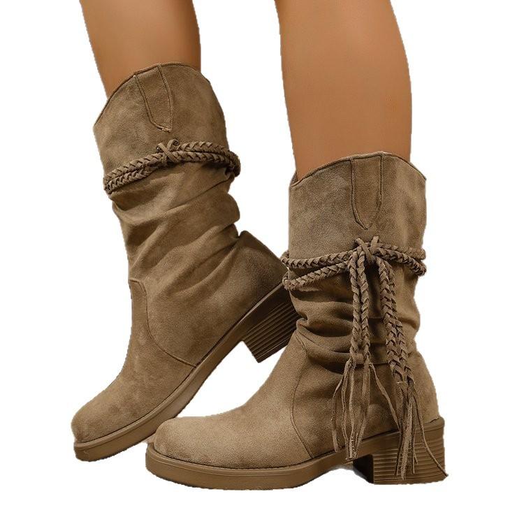 Cowhide Version~ Retro Wasteland Fringed Knight Boots Thick Heel But Knee Long Boots Slim Pile Medium Boots Women