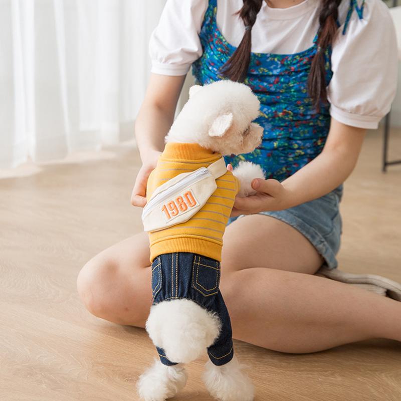 Small Dog Jumpsuit Yellow Striped Jeans Set For Teddy Maldives Bichon Frise Cat Cute Backpack Design Pet Clothing Pet Supplies