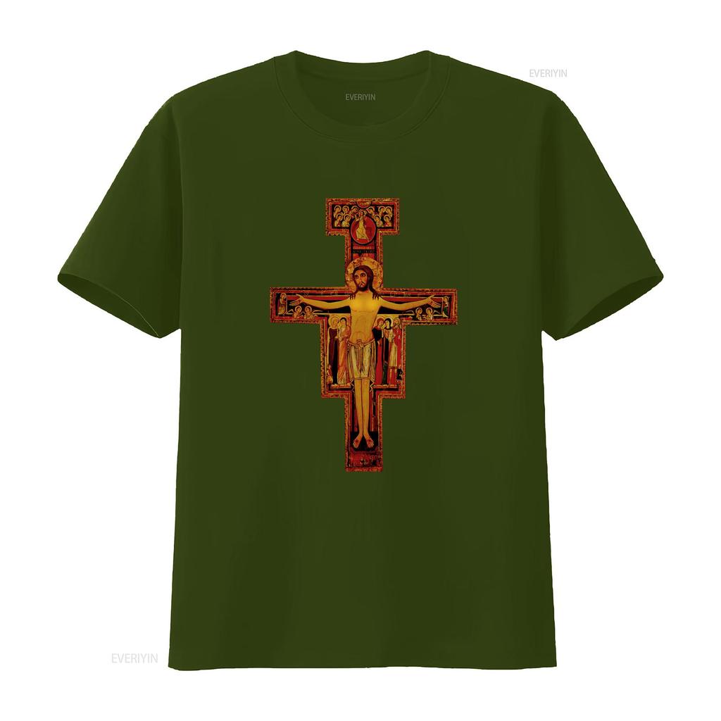 St Francis of Assisi San Damiano Cross Catholic Eastern Retro Unisexs T Shirt Vintage Washed Slightly Casual Stylish Versatile