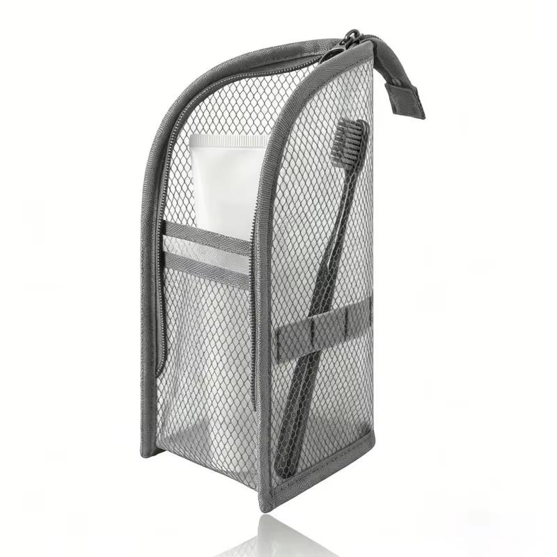 Kompakte atmungsaktive Netz-Reise-Kulturbeutel mit Standdesign und Aufbewahrungstaschen für Handgepäck