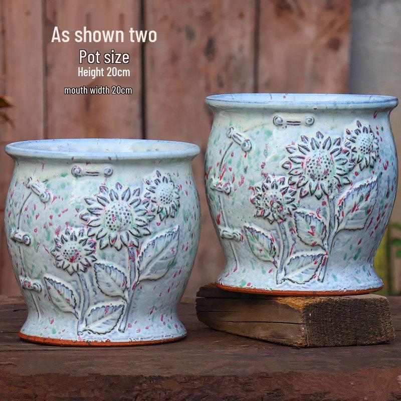 Handmade Embossed Rose Ceramic Succulent Pot, Tall Breathable Coarse Pottery, Large Mouth Plant Pot with Flower Design.