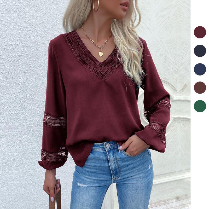 2022 Lace Patchwork Long Sleeve V-Neck Blouse - Women's Spring & Autumn Fashion