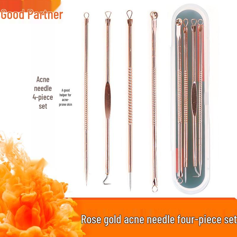 Rose Gold Stainless Steel Double-Ended Pimple Extractor Set - 4-Piece Blackhead Removal Kit Silver Acne Needle 4-Piece Set