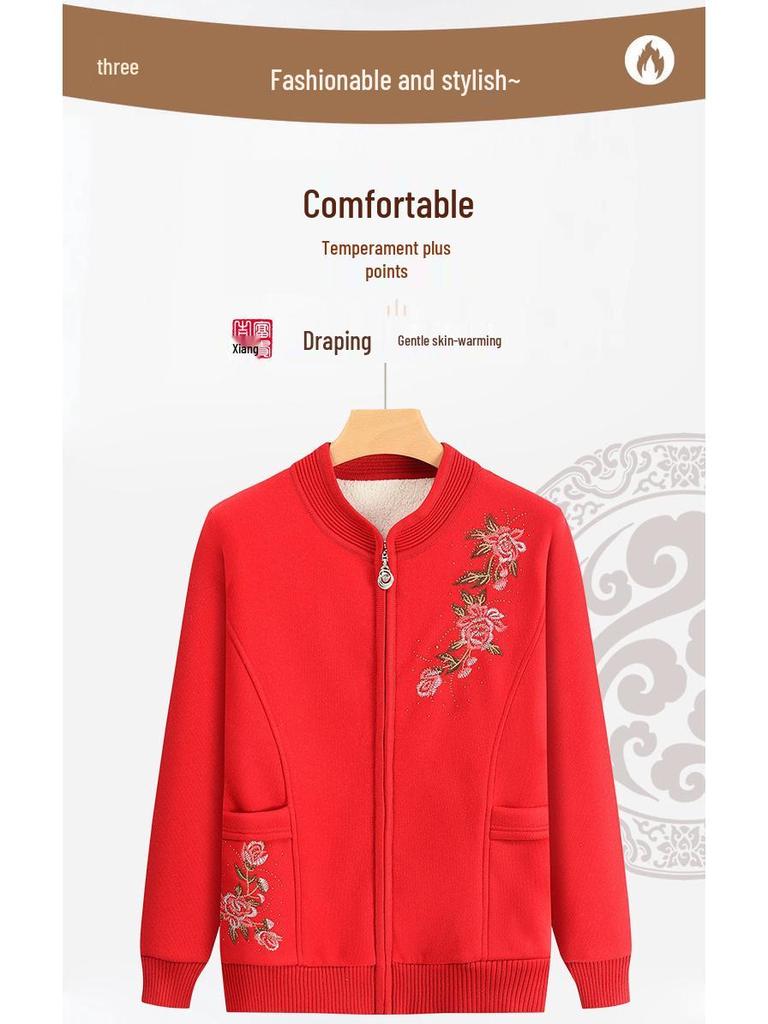 2024 Mamas warmer Wollmantel: Langärmiger Strickcardigan mit Samtbesatz für Frauen mittleren und höheren Alters