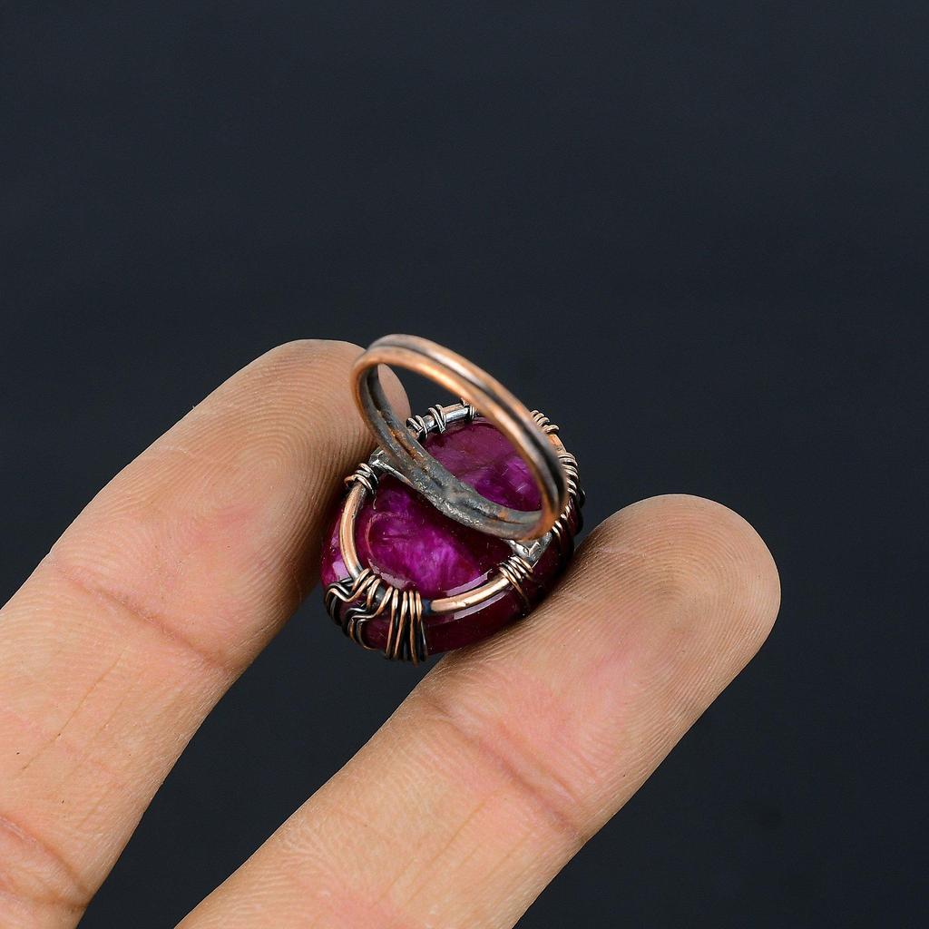 Tree of Life Lab-Created Ruby Gemstone Copper Wire Wrapped Handmade Jewelry Ring For Her