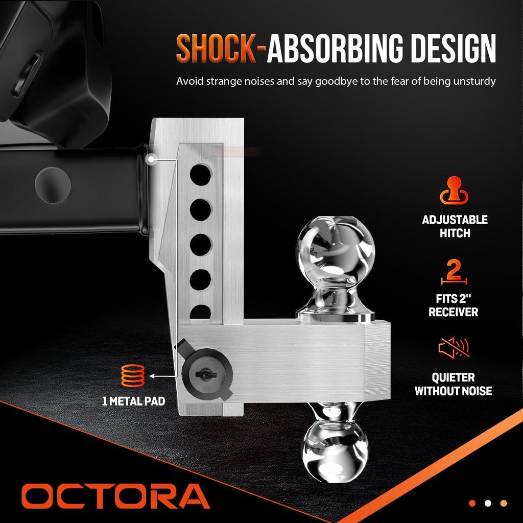 Adjustable Aluminum Tow Hitch for 2-Inch Receiver, 6-Inch Drop/Rise, 12,500 LBS GTW with Anti-Theft Locking Pins
