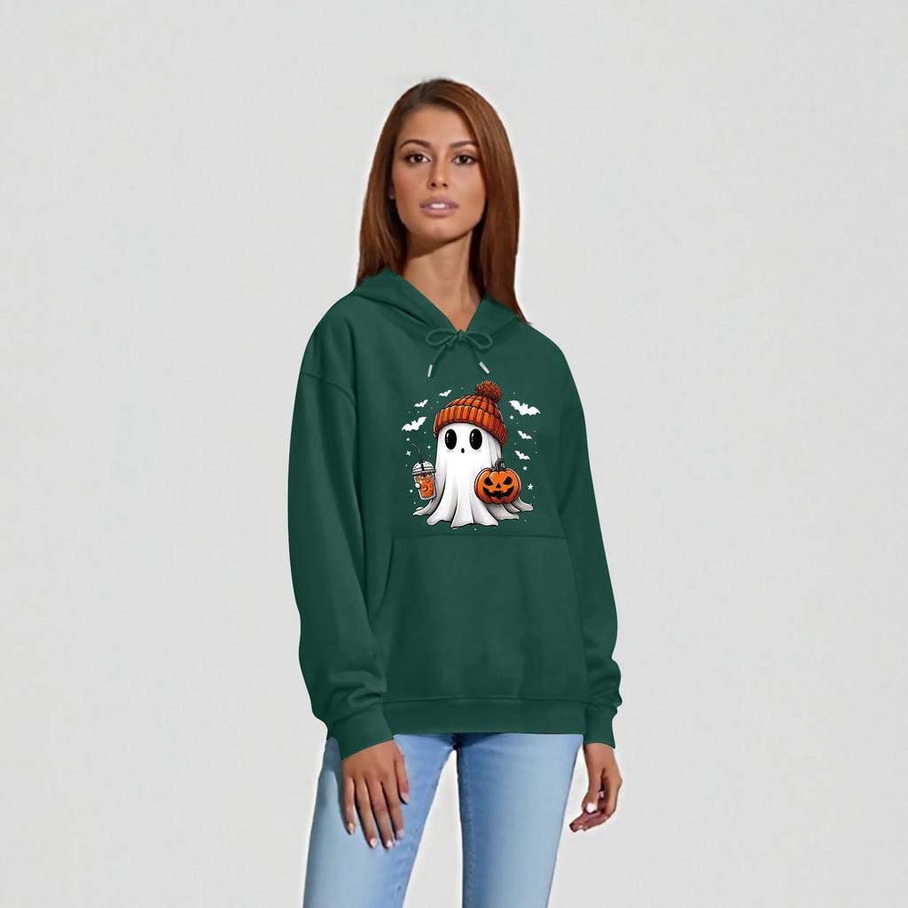 Women's O-neck Long Sleeve Halloween Printed Top Solid Color Hoodie
