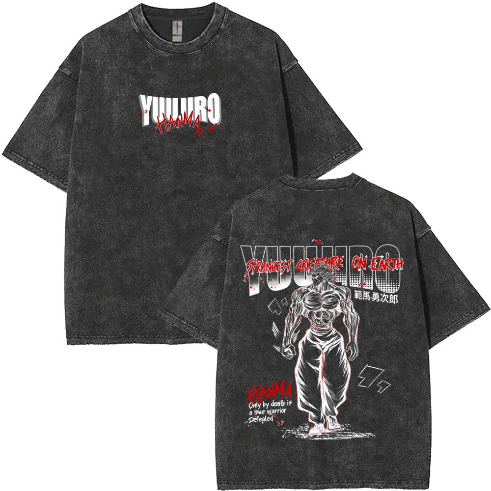Washed Vintage Anime Baki The Grappler Yujiro Hanma Strongest Creature on Earth T-shirt Men Women Retro Manga Oversized T-shirts