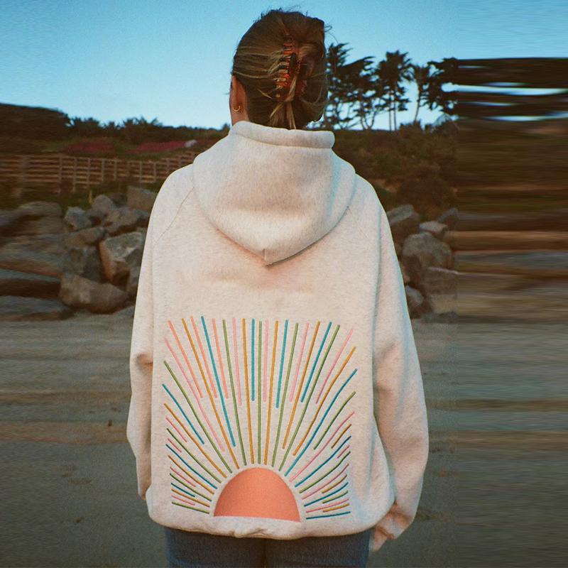 Kvinner Tykk Langermet Høst og Vinter O-Hals Hettegenser Vintage Blomsterprint Mote Løse Sweatshirts med Lomme