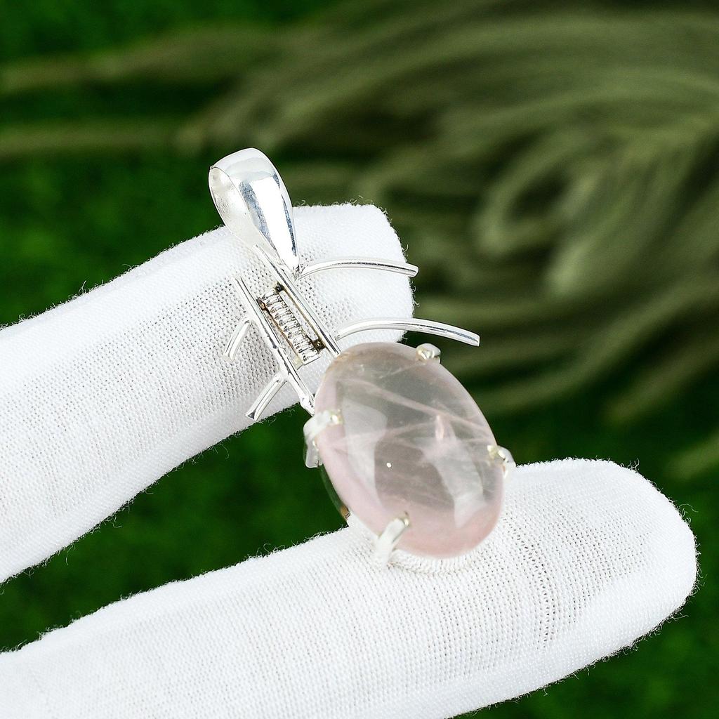 925 Sterling Silver Oval Heart Chakra Rose Quartz Gemstone Bezel Wedding Pendant