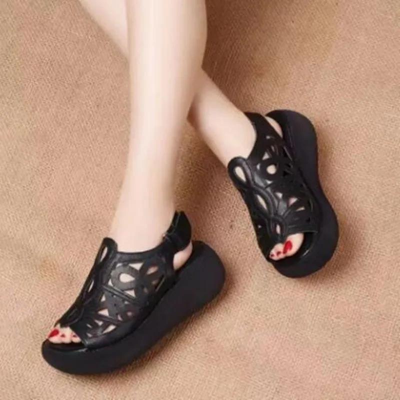 Fashion Comemore Women's Wedge Sandals 2025 Summer Shoes Platform Casual Hollow Peep Toe Female Ladies Shoes Brown Retro Sandales Femmes