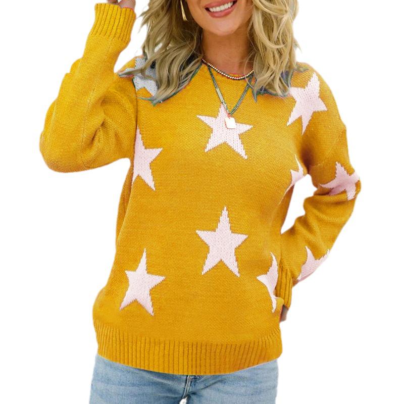 Dunhuang Women's Knit Sweater - Star Pattern, Round Neck, Long Sleeve, Casual Loose Fit.
