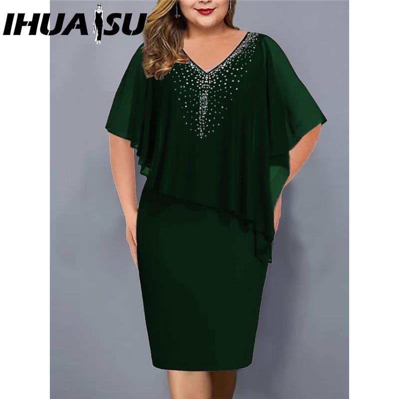 

IHUASU Женское платье большого размера с V-образным вырезом, асимметричное, облегающее ягодицы, шифоновое платье с пайетками(L-5XL) XXXXXL зелёный