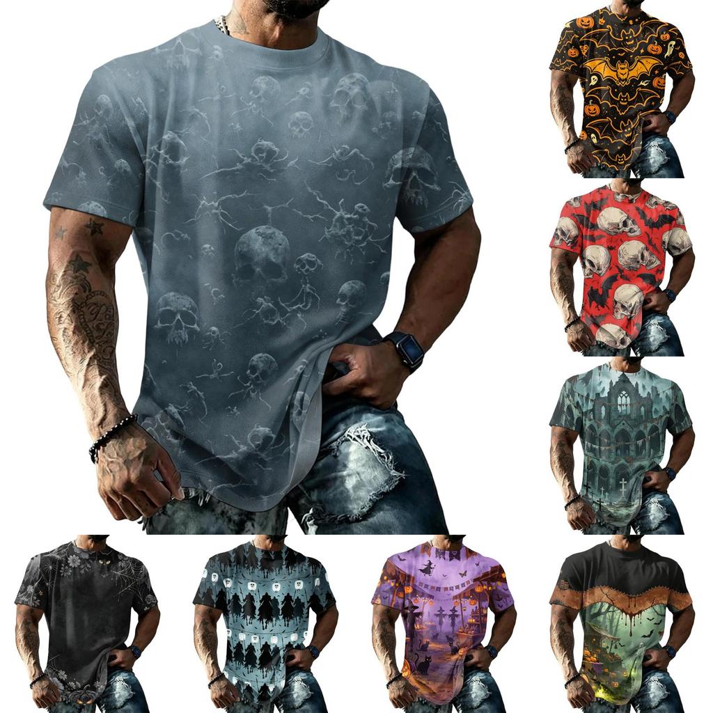 Men's Short Sleeve T-Shirt with Halloween Print Retro Texture Loose Fit Summer Streetwear Casual Top