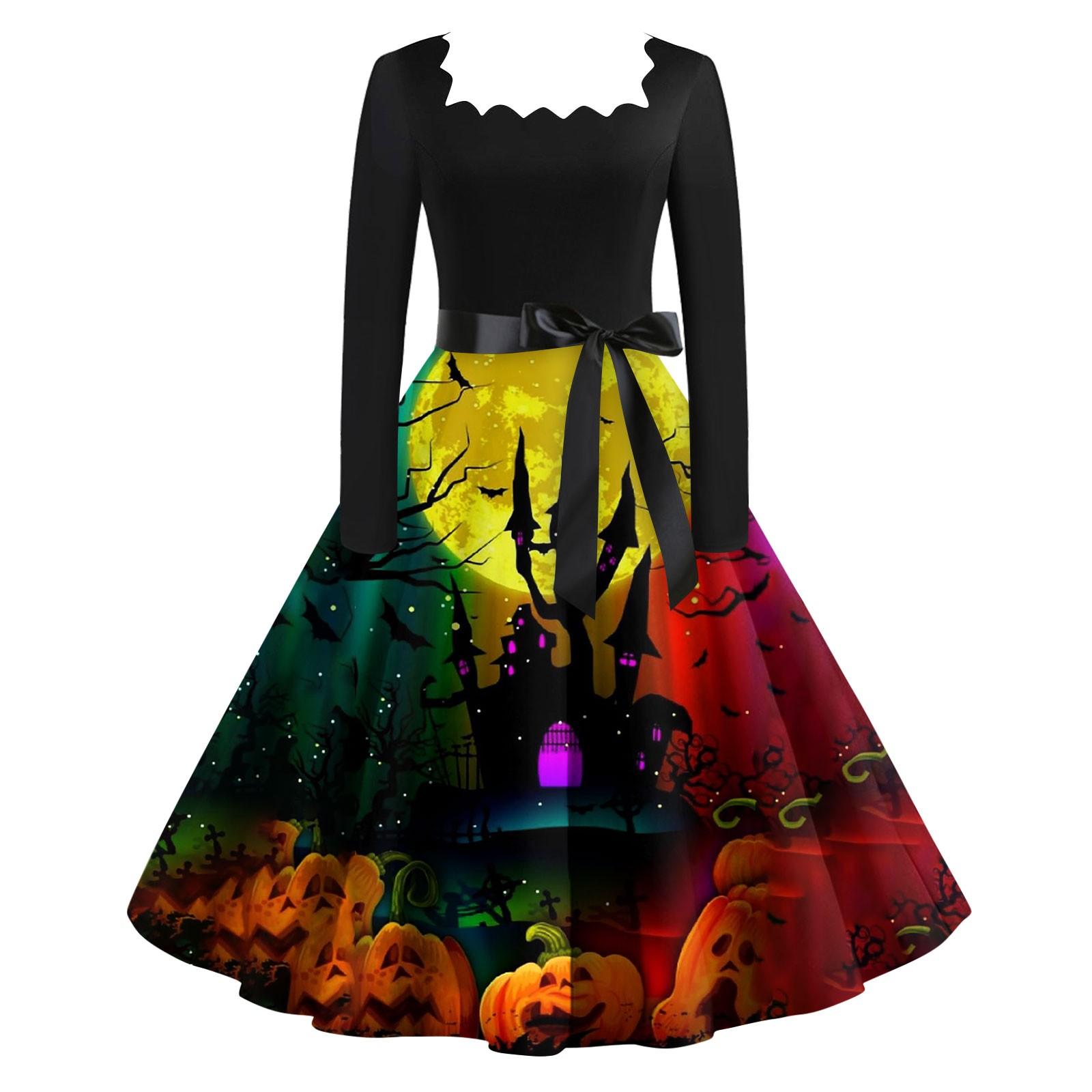 

Платье с расклешенным принтом на Хэллоуин для женщин, платье с длинным рукавом, полые вечерние повседневные платья XL фиолетовый