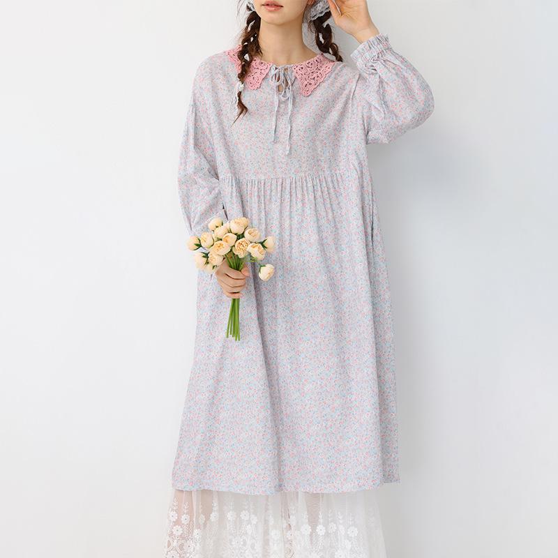 Women's Floral Print Lace-up Doll Collar Cotton Linen Long Sleeve Loose Plus Size Spring Dress
