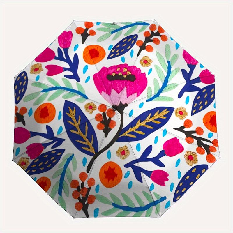 

1pc Floral Embroidery Pattern Automatic Folding Umbrella - 8-Rib Iron Frame, Windproof, Portable Sunshade with Plastic Handle for Travel & O