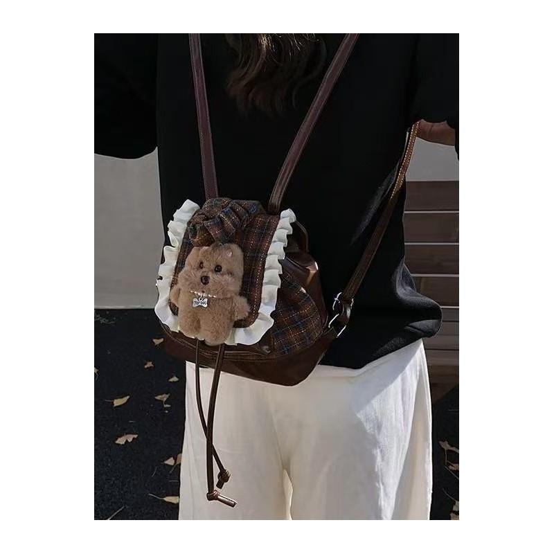 Korean Flannel Pattern Bear Backpack For Casual Daily Use