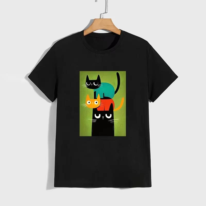 Cute Cat Pattern Tshirt High Grade 100 Cotton Short Sleeve Top 2026 Summer Unisex Unisex Daily Casual Fashion Tees Unisex Clothes
