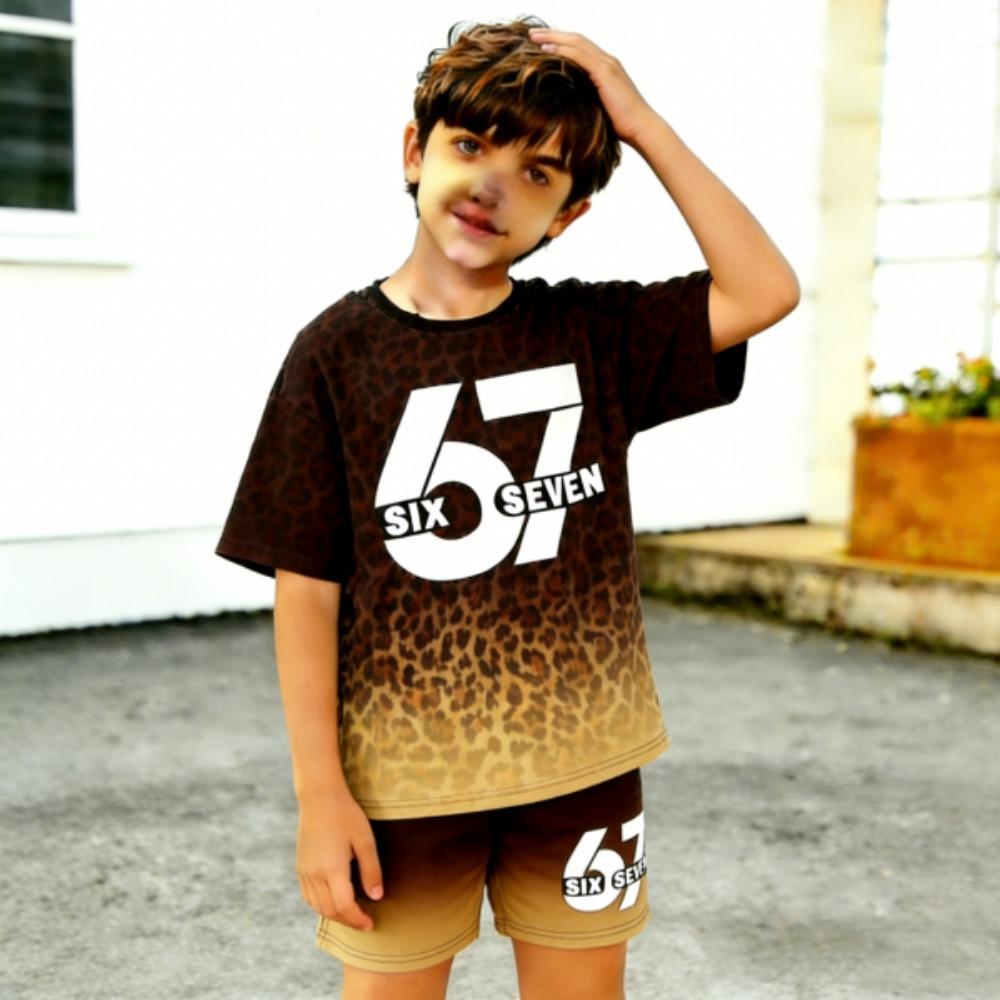 Fashion Leopard 67 Colorful Gradient Printed Kids T-shirt and Shorts 2 Piece Set Summer Casual Outfit for Boy's and Girl's Kids Clothing Top