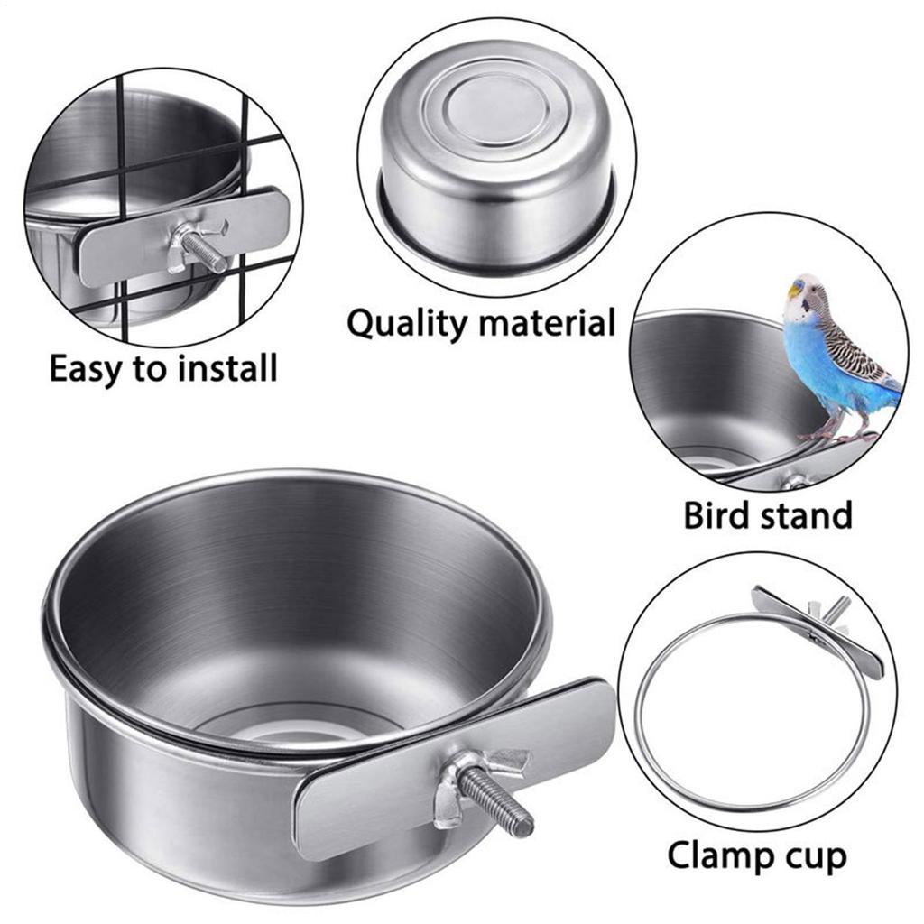 Parrot Feeding Cups Birds Food Dish Stainless Steel Feeders Water Cage Bowls with Clamp Holder for Parakeet Parrot Small Animal