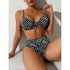 Bikini-Set für Damen Streifendruck 2-teiliger Badeanzug Kordelzug Schnürung V-Ausschnitt Träger Rückenfrei Strandurlaub Bademode Neu