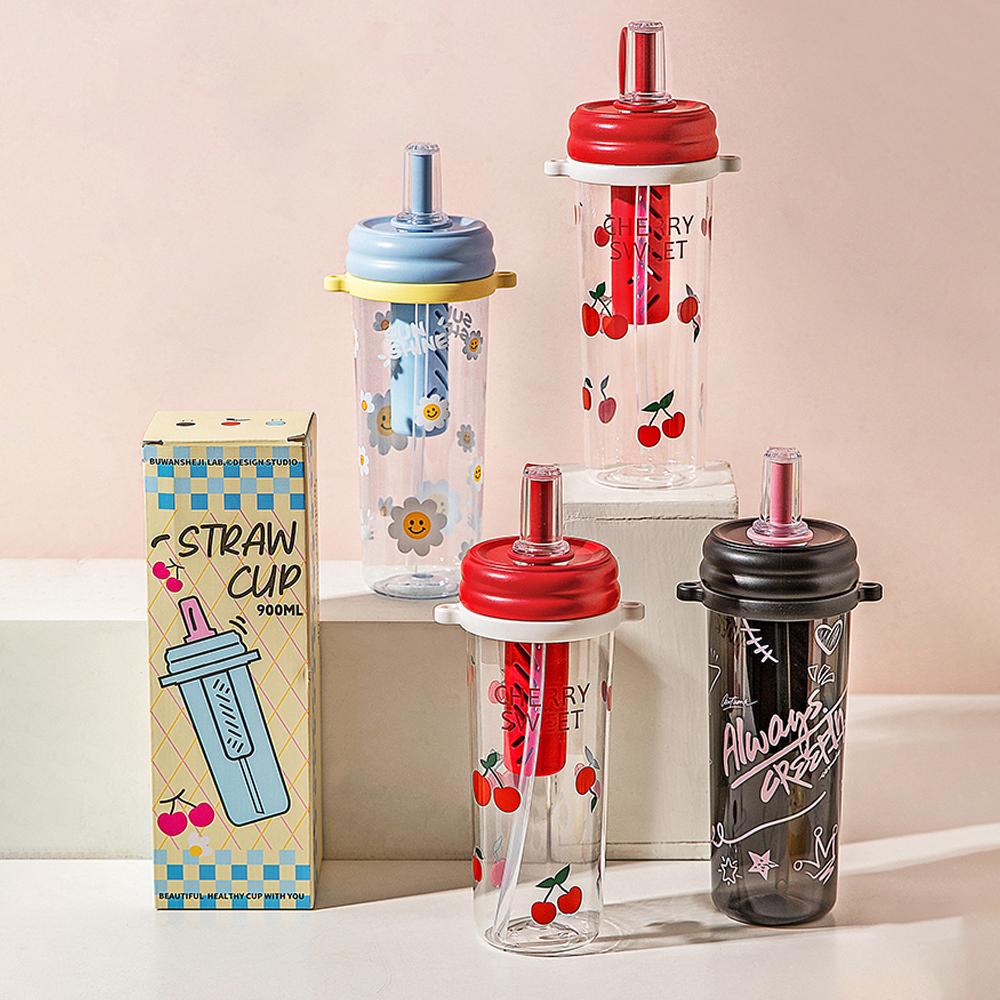 Summer Sports Plastic Water Cup Going Out Portable Student Straw Cup Cartoon Printed Small Fresh Water Cup For Home 900ml