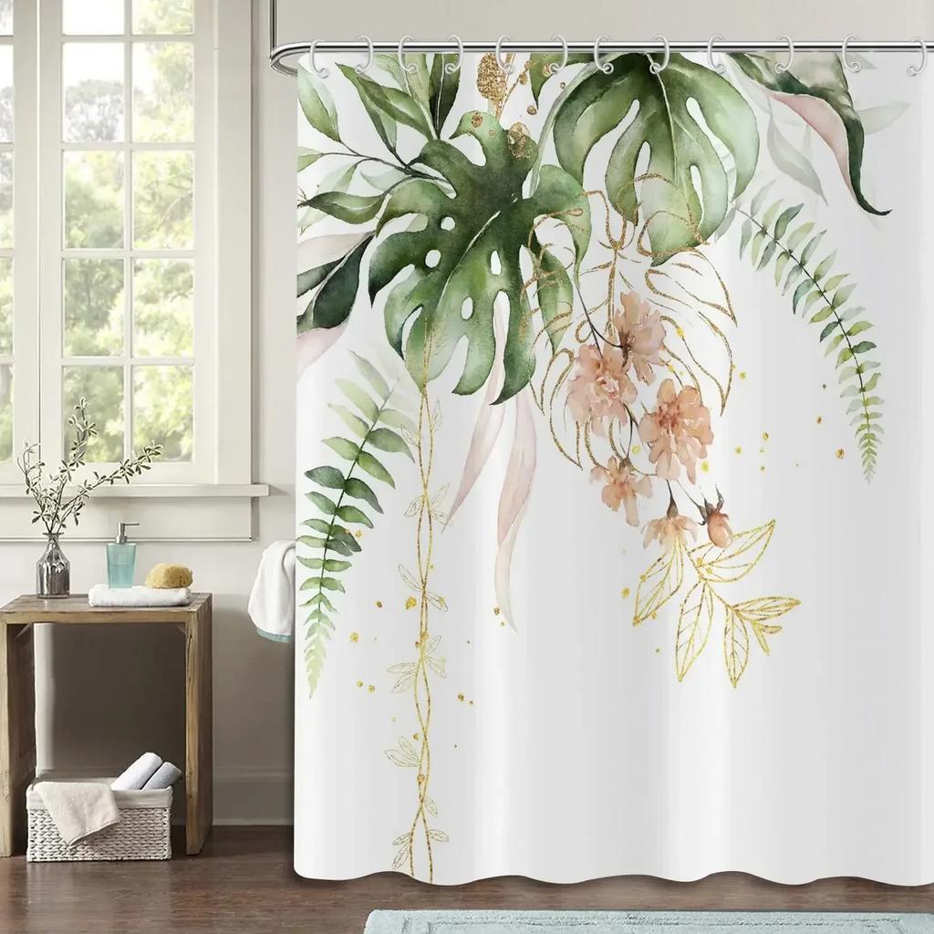 Green Hawaii Tropical Shower Curtain Green Gold Tropical Leaves Plant Fabric Bathroom Curtain Botanical Jungle Bath Curtain Set