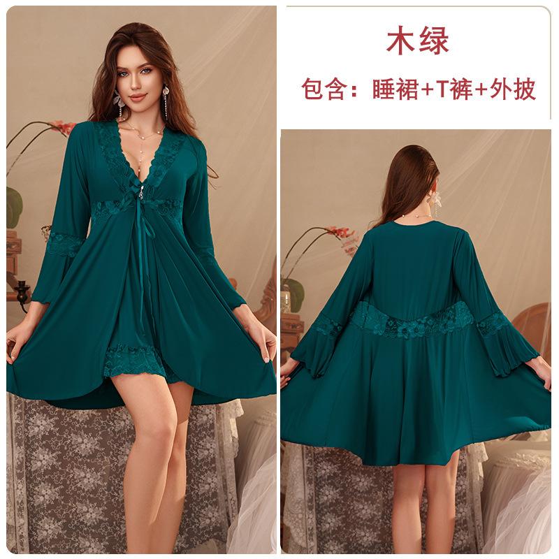 Spring and summer pajamas women with chest pads, suspenders, pajamas, pure desire wind long-sleeved pajamas, three-piece loungewear