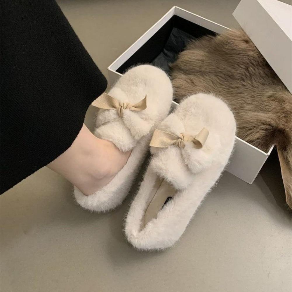 Fashion Fur Flats Women Winter Casual Boots Bow Warm New Walking Shoes New Fashion Brand Short Plush Round Toe Female Cozy Simple