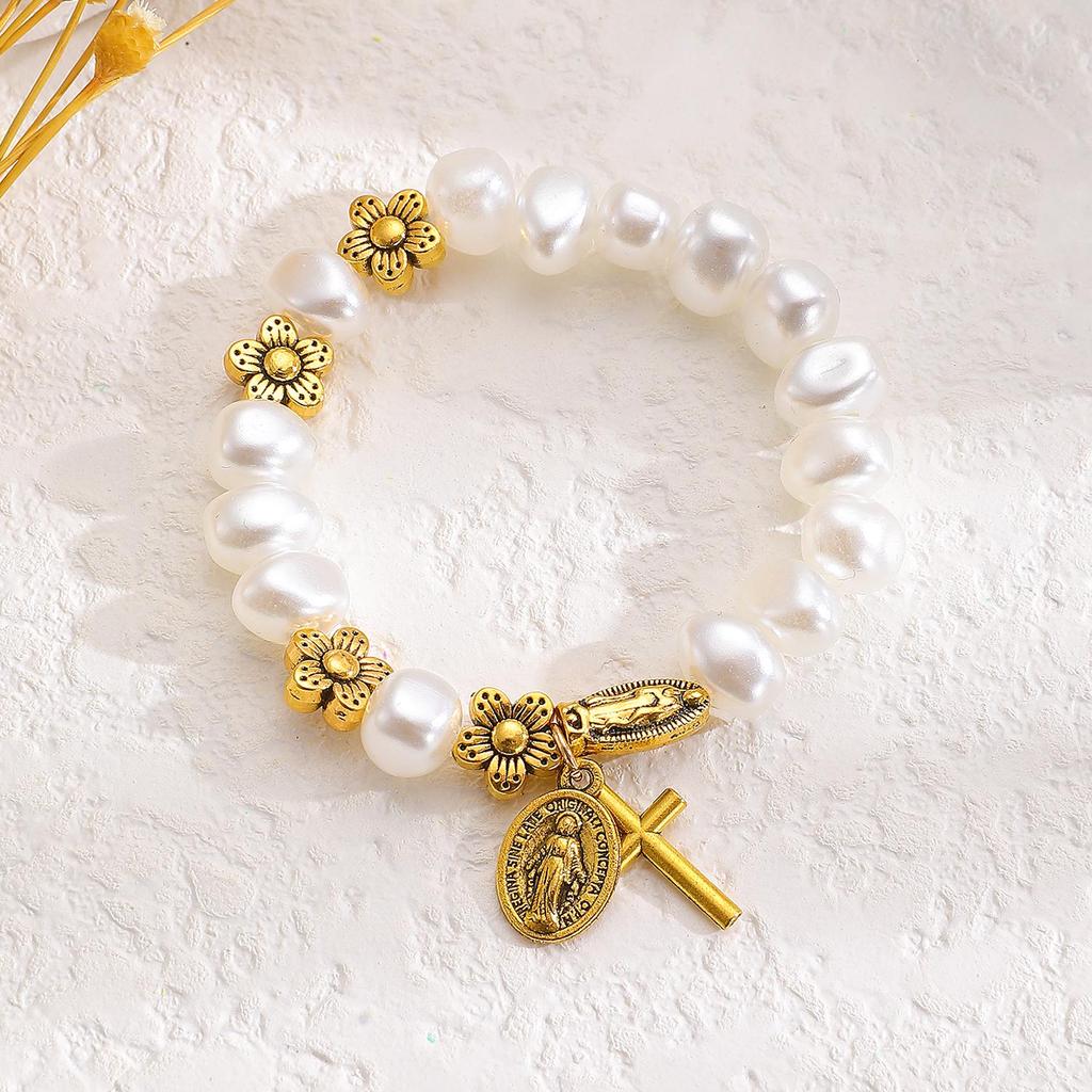 Retro Virgin Mary Pendant Pearl Bracelet with Oval Charm and Flower Design for Women
