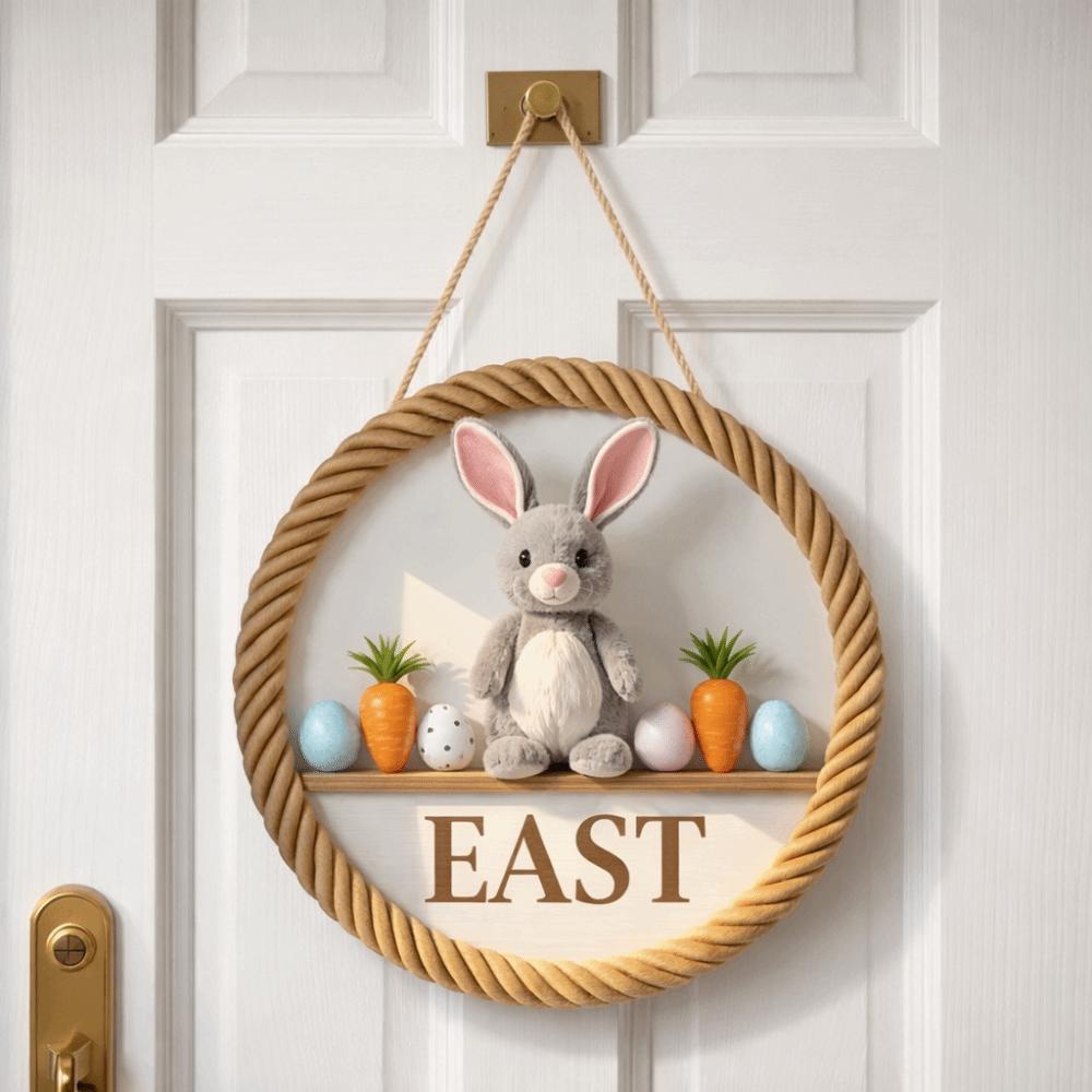 Wooden Happy Easter Door Sign Rabbit Eggs Easter Decorative Tags Hanging Wood Sign  Wall