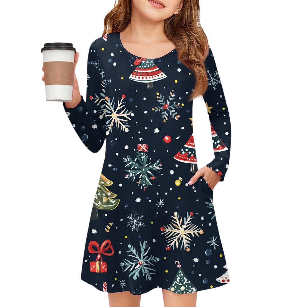 Christmas Day Girls' Long Sleeve Dress - Color Pocket Dress