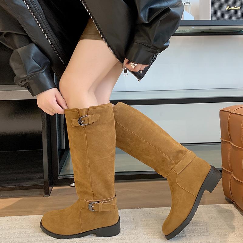 Summer 2025 Round Toe Thick Heel Flat Bottom Women's Long Boots Slim Fit Knight Style Micro Fiber Booties Rubber Shoe Faces