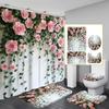 1/4pcs Pink Rose Floral Shower Curtain Set Green Vines Flowers Waterproof Fabric Bath Curtain with 12 Hooks Non Slip Rug and Toilet Lid Cover Set