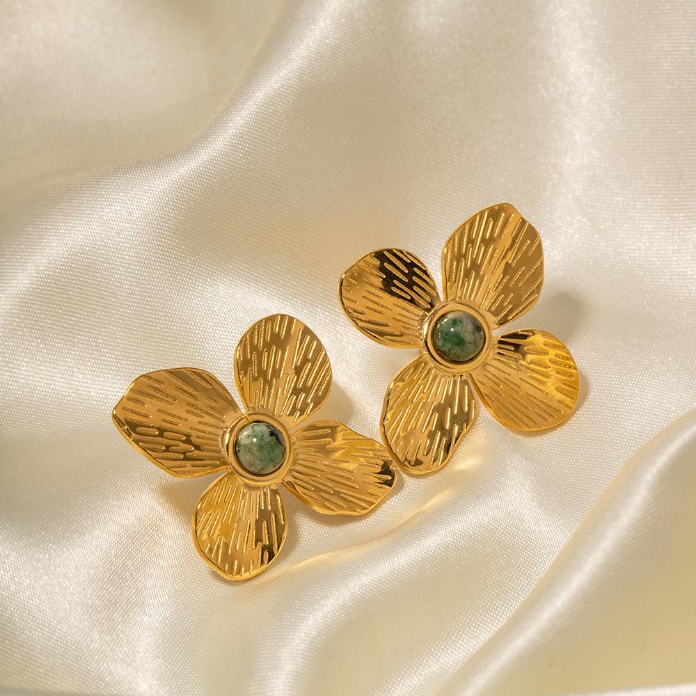 Französischer Hof 18K Gold Türkis Vierblättrige Blume Ohrringe