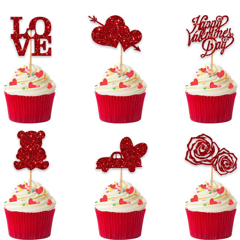 Cake Decor Valentine s Day Cupcake Topper Red Sequin Cake Topper Wedding Rose Bear Cake Insert For Valentine s Day Party Cupcake красный