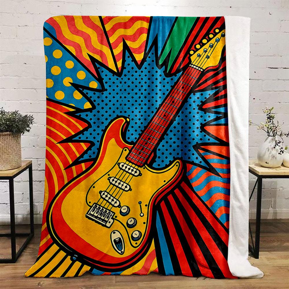 Pop art guitar surrounded by bold patterns, polka dots, and vibrant waves. for all seasons blanket lunch break throw gift