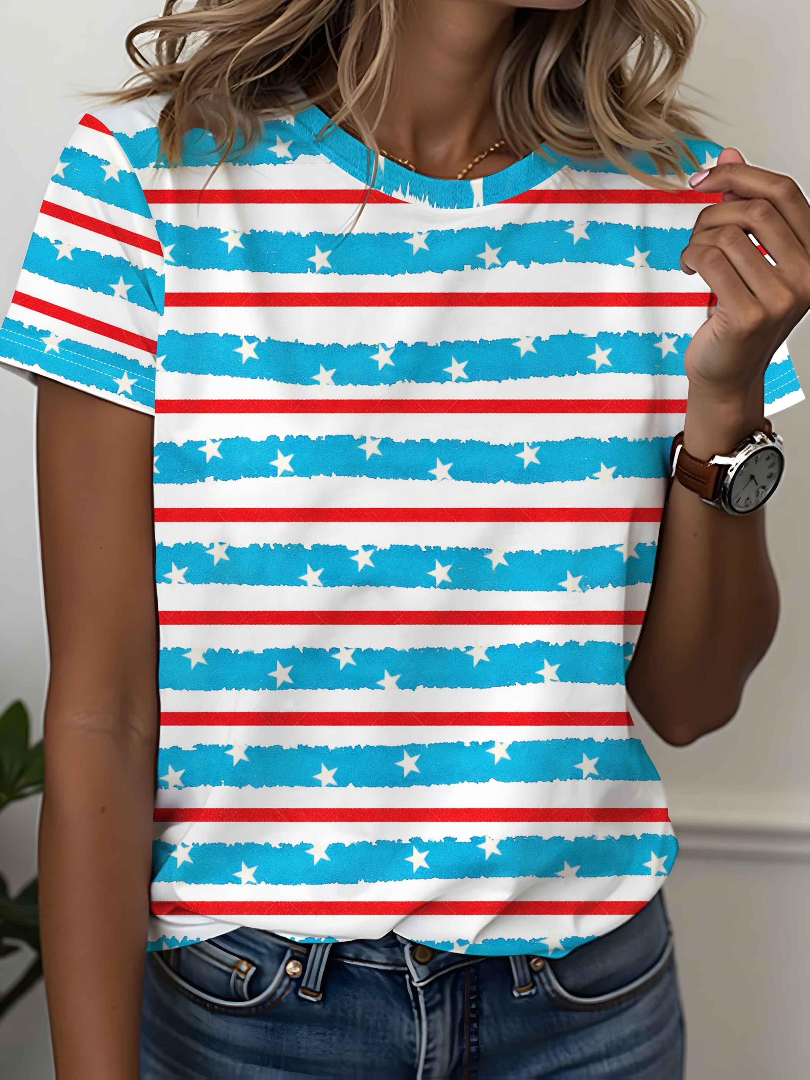 

Women s T-shirt, fully printed with blue and white stripes and five-pointed star elements, giving it a fresh summer vacation feel 5XL