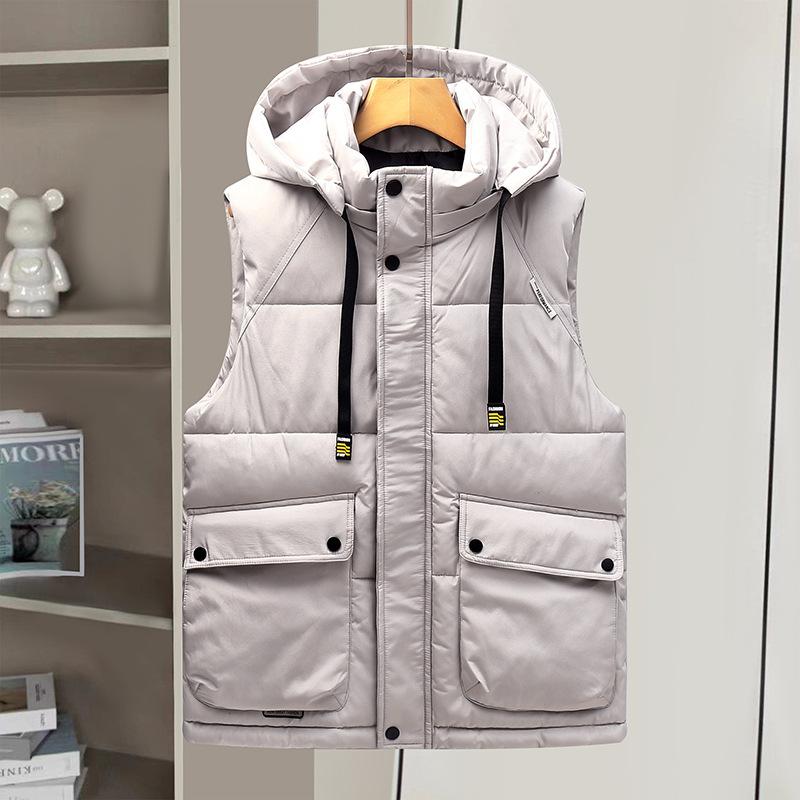 Men's Cotton Vest Couple Design Sense Autumn and Winter Tooling Multi-pocket Loose Jacket Removable Hat Warm Vest