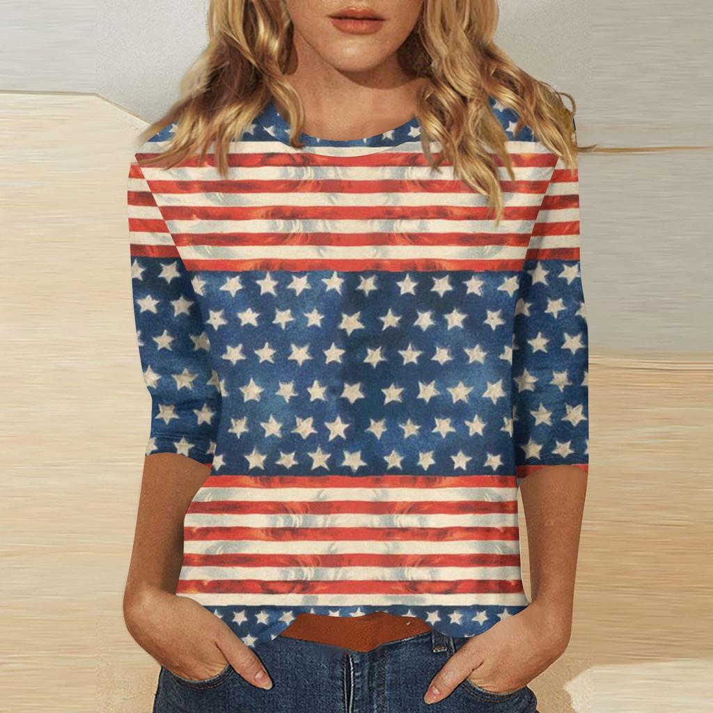 Women's Independence Day Print Round Neck Seven-Eighths Sleeve Top