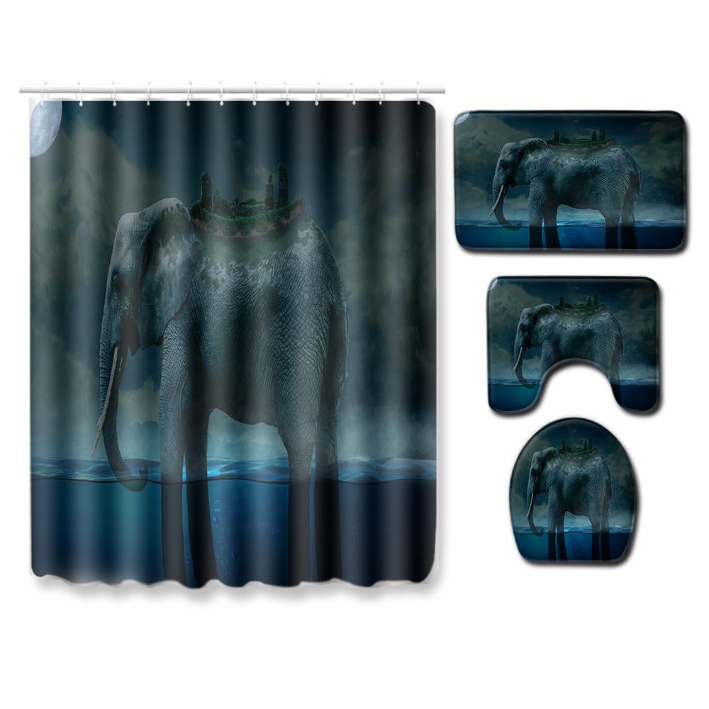 Elephant Lion Animal Shower Curtain Floor Mat Combination Set Toilet Carpet Shower Room Mat Foot Mat