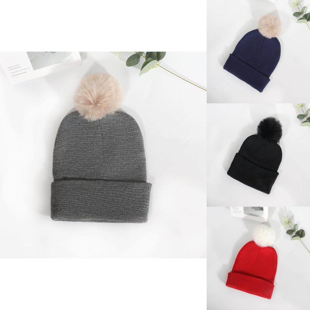 Warm Solid Color Plush Ball Acrylic Knit Cap For Fall Season Fashion