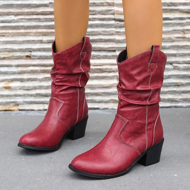 Women's Western Cowboy Boots , Autumn Comfortable Retro Chunky Heels Pu Leather Boots Women Ankle Boots Size 42 Botas ,