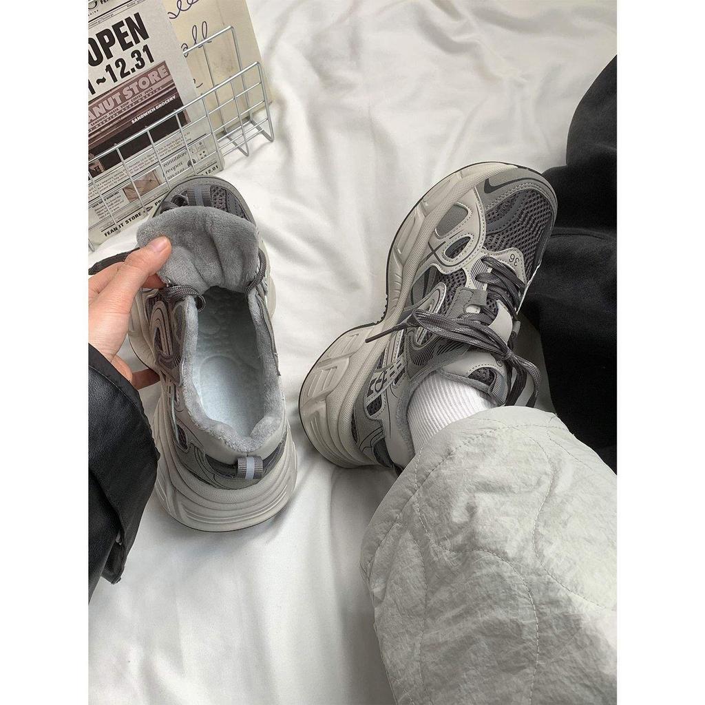 Cement gray low-top trend velvet leisure college thick-soled heightening fashion youth lace-up Hong Kong style warm dad shoes