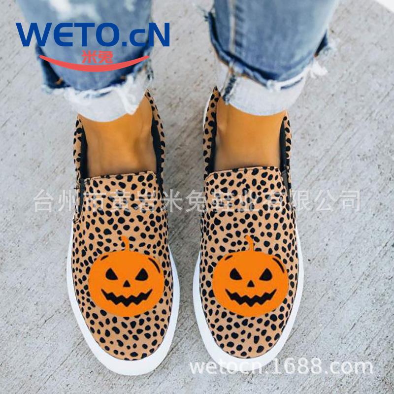 

Christmas Halloween pumpkin monster leopard print one-pedal casual flats large size canvas shoes 43
