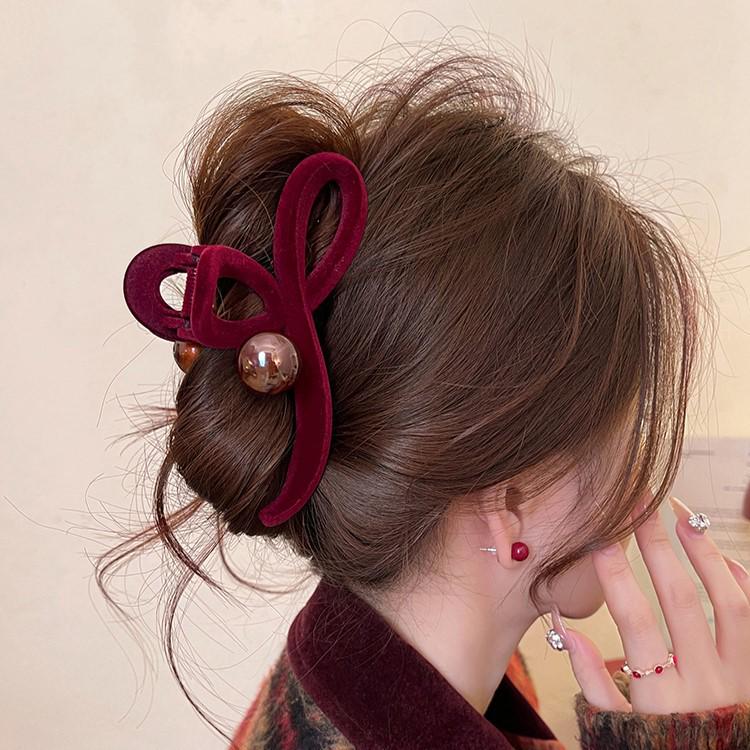 2024 High-End Red Velvet Beaded Shark Hair Clip for Women - Large Size